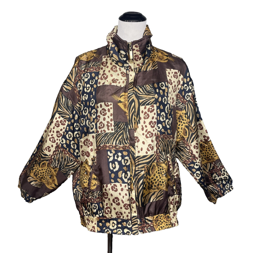 Vtg 80-90s Active Studio Women L 100% Silk Bomber Jacket Cheetah Print Patchwork